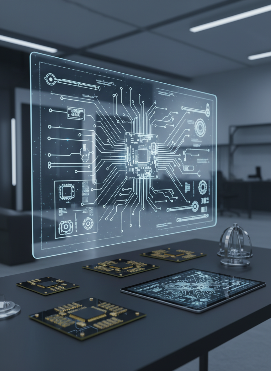 A meticulously detailed digital-art workspace featuring a large, floating transparent blueprint of an engineering system, combining sensors, circuit boards, and mechanical components, all interconnected by fine luminous lines. Beneath it rests a minimalist dark worktable with a few precisely arranged components and a sleek tablet displaying matching schematics. The scene is set in a softly lit, abstract lab environment with blurred, architectural shapes in the background. Cool, diffused overhead lighting with a hint of side illumination creates refined gradients and gentle reflections on glass and metal surfaces. Shot at an eye-level angle with a slight three-quarter perspective, the composition emphasizes clarity and structure, conveying a calm, analytical mood centered on R&D and prototyping excellence.