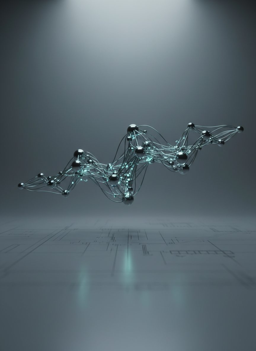 A sleek, abstract representation of a neural network formed from interlinked metallic nodes and slender circuitry lines, arranged in a subtle synapse-like pattern. The structure floats above a smooth, matte graphite surface with faint gridlines suggesting engineering schematics. Muted blues, charcoal grays, and soft teal accents are blended with understated gradients. Gentle, diffused studio lighting creates refined highlights along the metal edges and soft, controlled shadows beneath. The composition is centered with a slight perspective depth, keeping the foreground crisp while the background softly fades into a minimalist haze. The digital-art style is sophisticated and restrained, conveying precision, connectivity, and intelligent integration without any clutter.