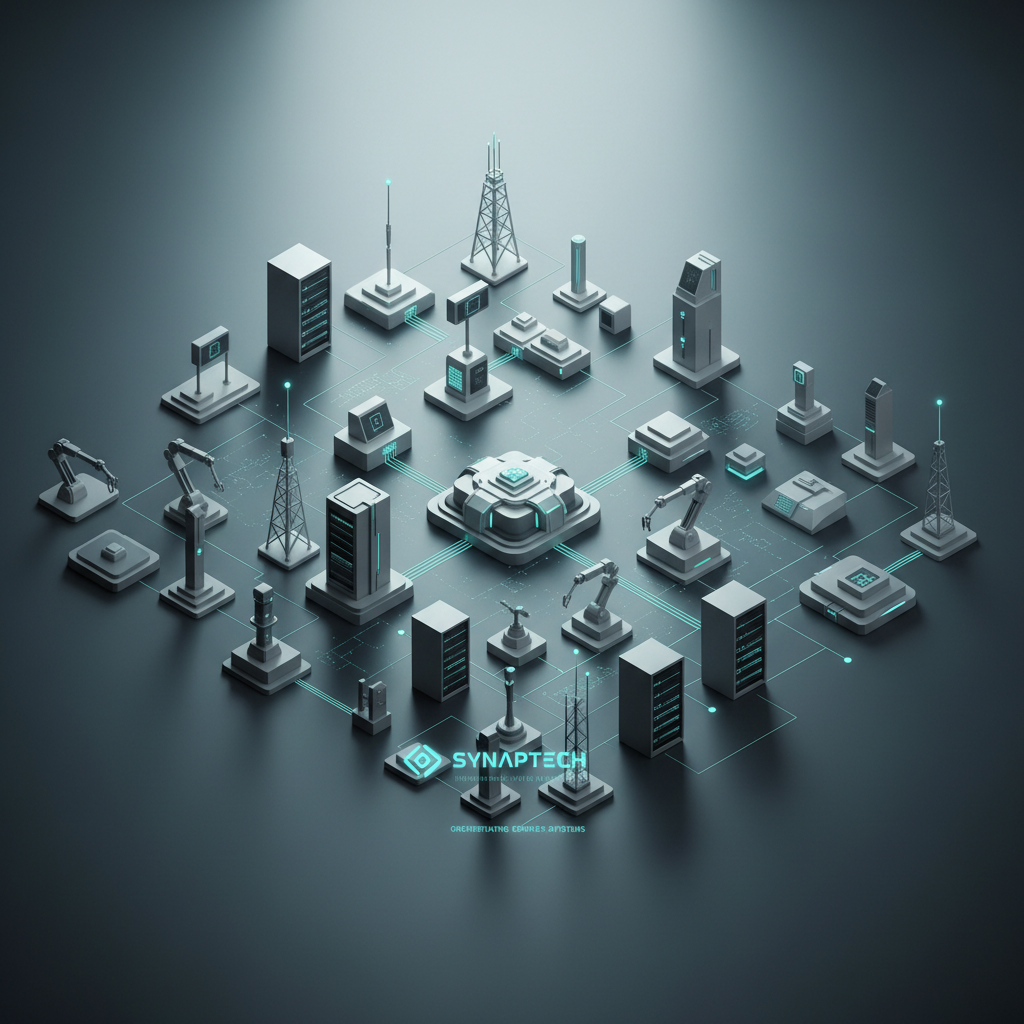 An elegant, isometric digital-art city of technology modules: sensor units, communication towers, compact servers, and slim automation arms, all connected by glowing, muted teal pathways like data streams. Each component is rendered with clean, geometric shapes and satin-like textures in a restrained palette of slate, stone, and soft cyan gradients. The environment is a vast, dimly lit plane with subtle reflections, evoking a futuristic engineering landscape. Overhead diffused light creates gentle highlights on edges and soft, long shadows, emphasizing depth. The composition follows an asymmetrical balance, with the network converging toward a subtle central hub, suggesting Synaptech as an integrator orchestrating complex systems with calm, controlled sophistication.