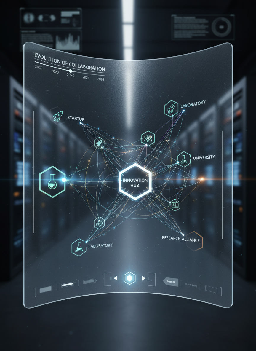 interactive map or diagram visualizing connections among startups, laboratories, and universities, high-tech and modern style, network of interconnected nodes, dynamic, visually representing collaboration and partnership